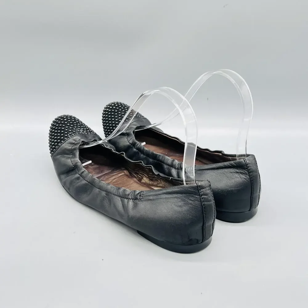 AGL Shoes Womens 9.5 Black Leather Studded Cap Toe Ballet Flats Slip On Comfort
